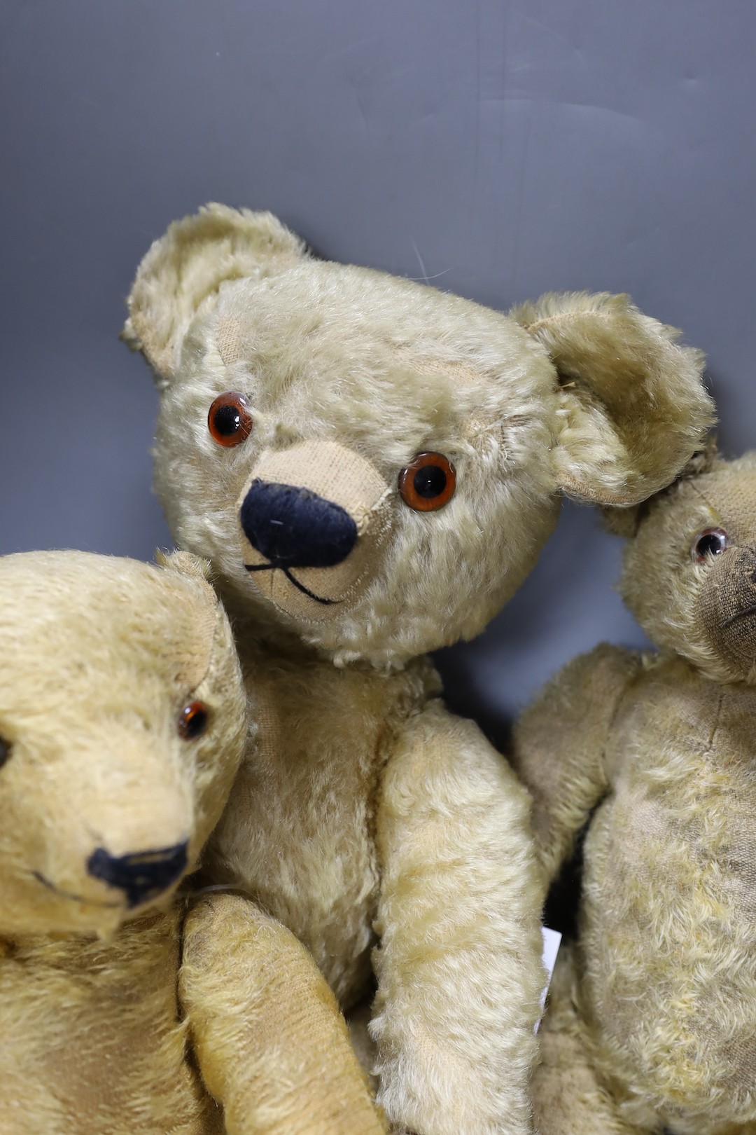 Three British Teddy Bears and Chad Valley with Queen Label, Omega with hair loss and Chad Valley Magna, with hair loss